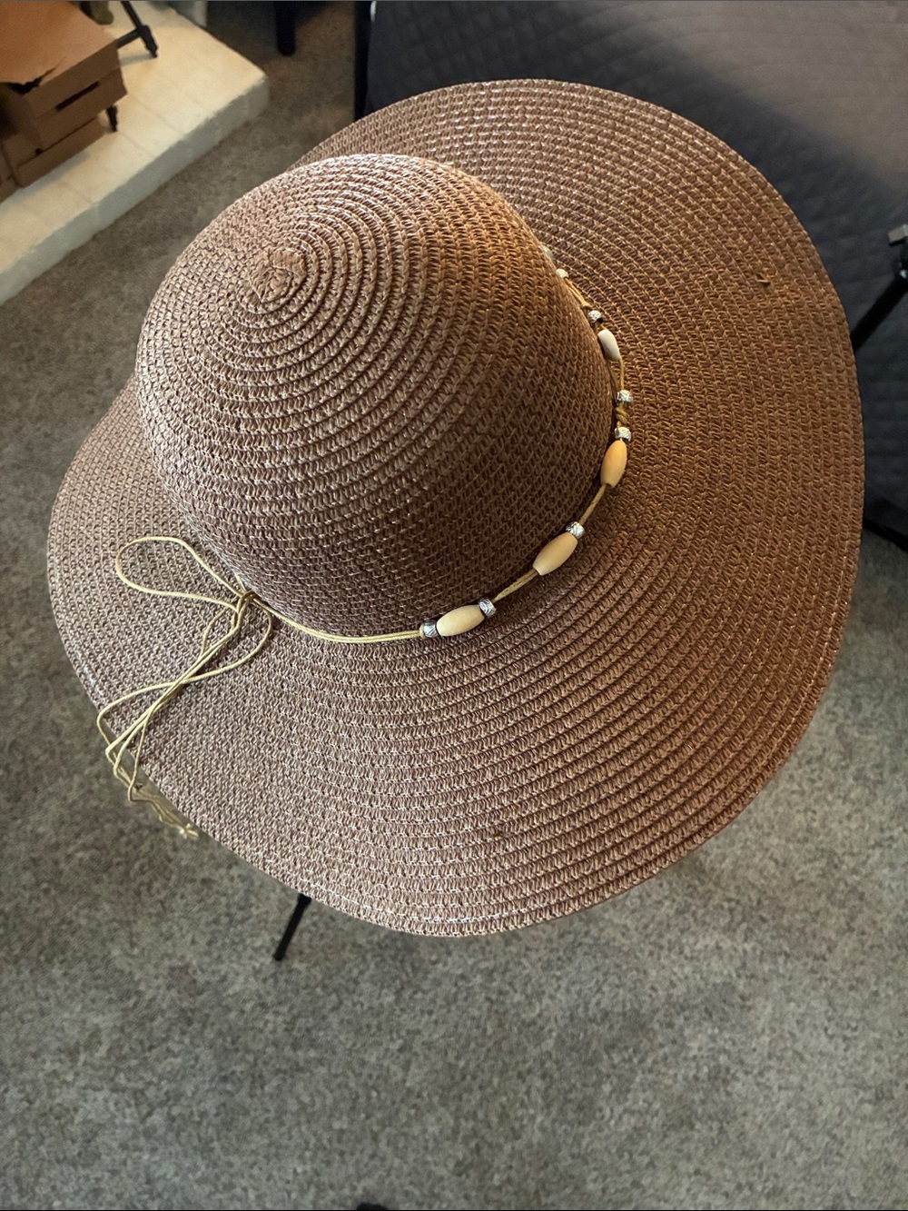 Women's Brown Straw Sun Hat with Bead Accent
